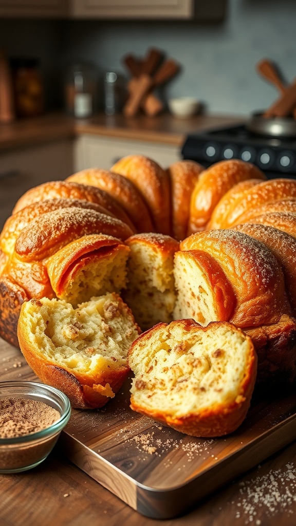 Healthier monkey bread with cinnamon-sugar coating, displayed on a wooden table.